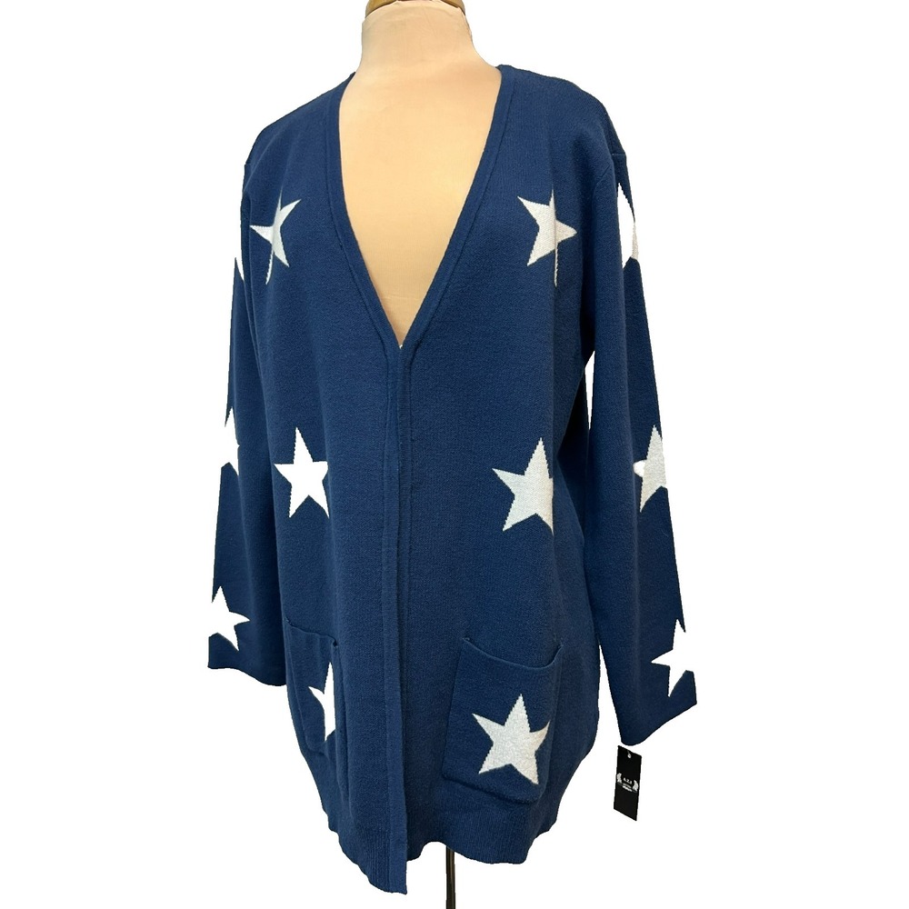 NEW A.Z.I. Cardigan Sweater Navy Blue‎ White Stars V-Neck Pockets Long Sleeve, L